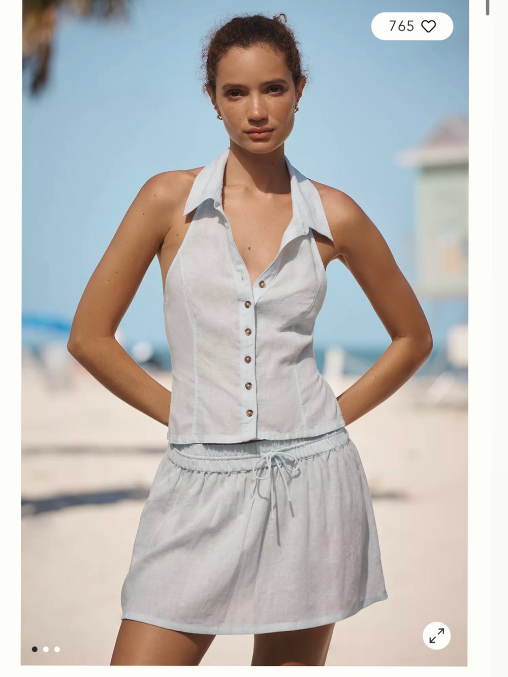 Anthropologie Light Blue Linen Halter Button-Front and Skirt Set